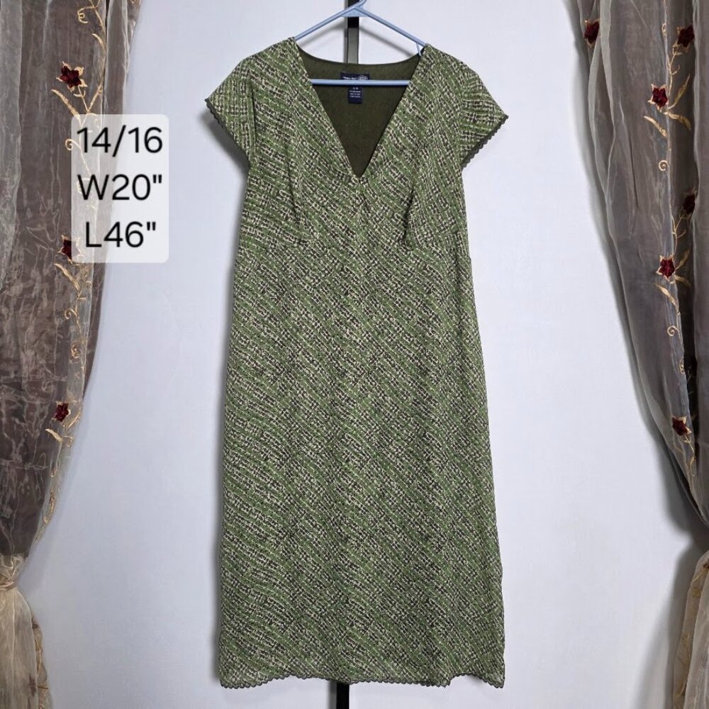 Venezia Jeans Dress Women's 14/16 Olive Green Geometric V-Neck Midi Scallop Trim